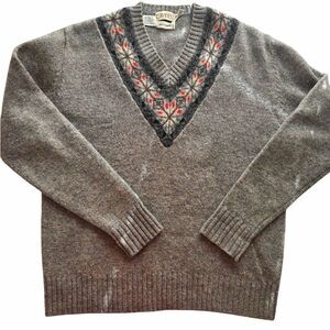 Gimbels Womens XL Gray Fair Isle V-Neck Wool Knit Pullover Sweater Long Sleeve